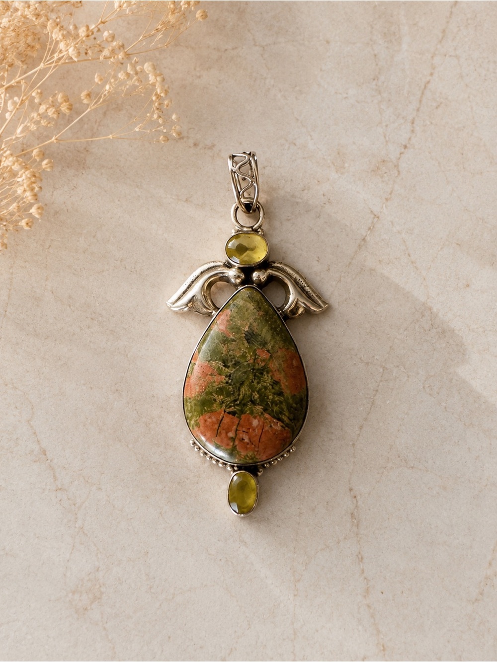 Unakite Jasper Citrine Pendant Angel Wings 925 Sterling Silver Necklace boho